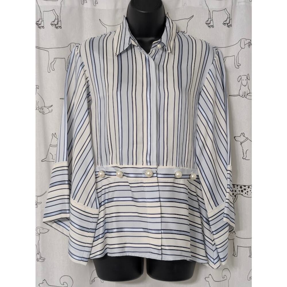 Alexis Womens Blouse Bell Sleeve Soft Girl Striped Pearl Convertible Hem Small